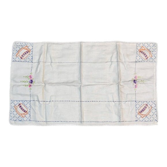 Vintage Linen Embroidered Tea Towel With Floral & Teacup Design Cottage Core - Picture 2 of 5
